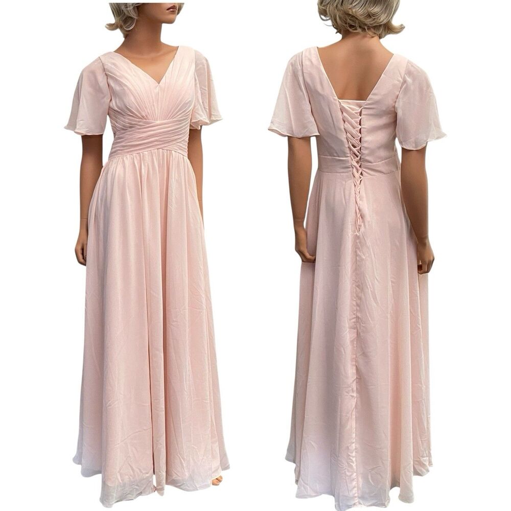 Pink Chiffon dress Fairy Romantic Maxi Flowy Corset 8 Medium Formal Bridesmaid